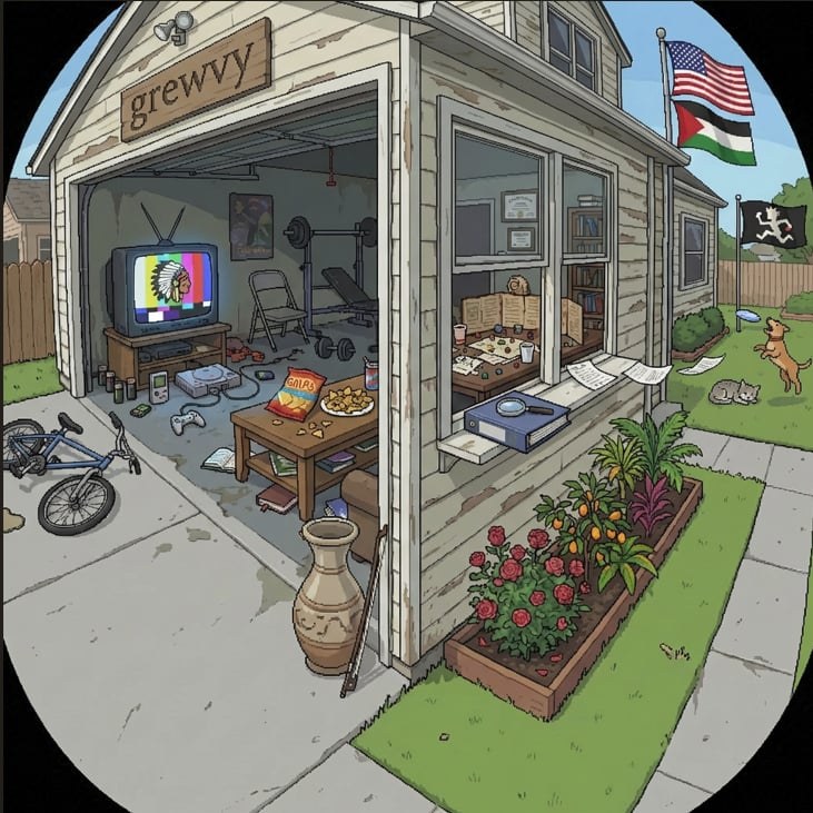 An illustrated garage and front yard: a TV, game consoles, a weight bench, snacks, books, a tabletop game in the window, a garden bed, a dog and cat, a bike and three flags.
